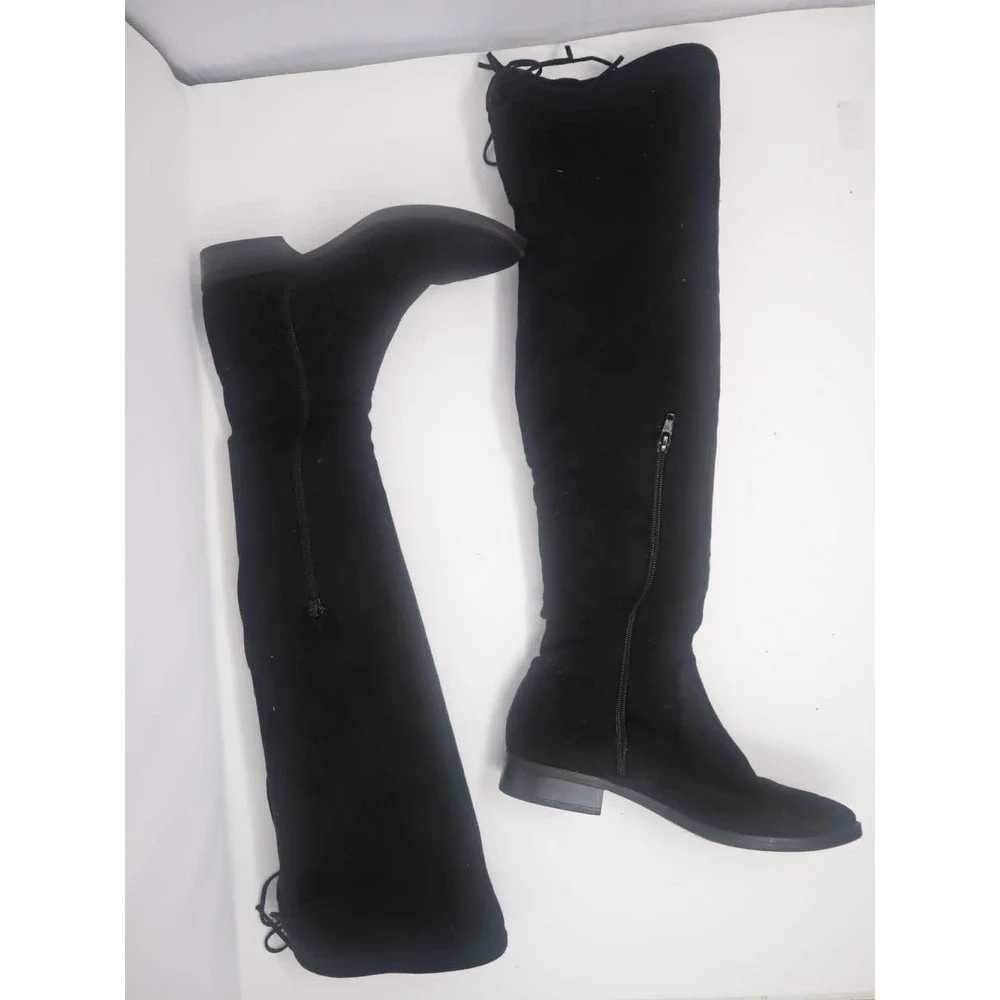 Black Over The Knee Boots 7 Charlotte Russe Womens Faux Suede Tie Back Fall Work